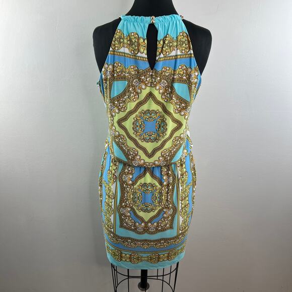CACHE Womens Baroque Chain Halter Dress Blue Yellow Sleeveless Stretch Size M - Picture 6 of 10